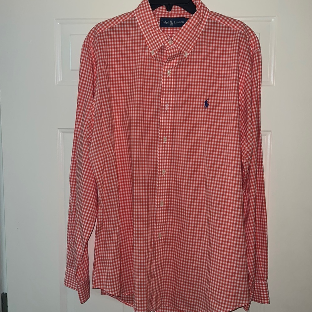 Mens long sleeve button down polo shirt. Orange